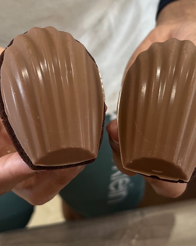 Two chocolate covered madeleines held in one hand