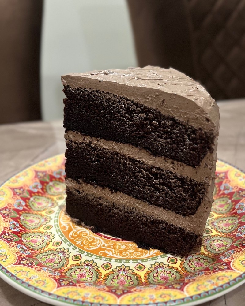 Matilda chocolate cake, three tall dark layers